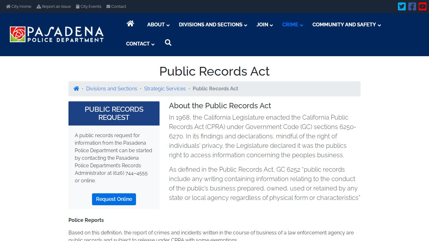 Public Records Act - Police Department - California
